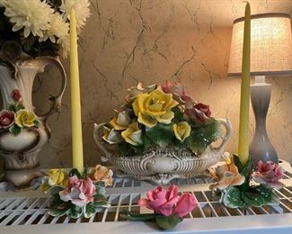 Capodimonte Double Handle Vase and Pair of Candle Holders