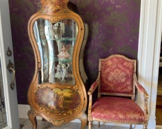 Herts Brothers antique Vernis Martin hand painted bombe’ curio cabinet $1,500