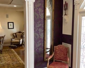 8 foot tall antique gilt pier mirror $850.                                   Pair Red distressed chairs.  SOLD