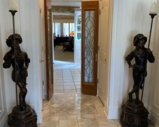 Pair bronze figural lighted torchiere lamps. $1,800 pr