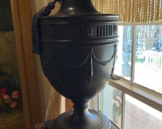 Pair classic antique carved wood cutlery urns. $800 pr