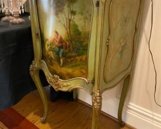 French antique Vernis Martin bombe’ music cabinet $600