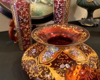 Moser style antique cranberry red enameled low Center bowl $150