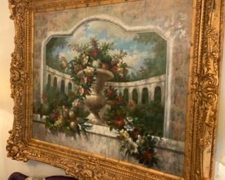 Beautiful gilt frame painting of an Italian garden signed 75 1/2” X 63 1/2”. $1,200