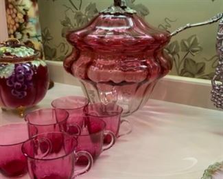 Elegant Cranberry to clear Punch bowl w/6 cups $300 set