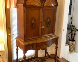 Antique Mechanics Furniture marquetry inlaid double bonnet top sweater cabinet $800