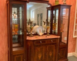 Antique marble top inlaid Server w/Display side cabinets. $2,000