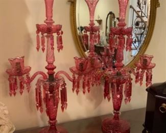 Magnificent pair cut cranberry antique Bohemian glass candleabra  $1,500 pair
