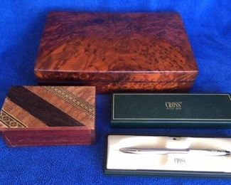 Walnut burl box, inlaid box & cross pen