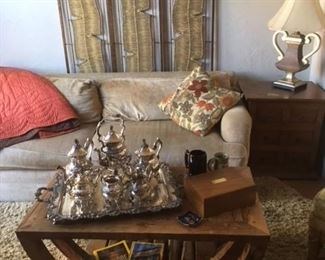 Folding screen, S/P coffee & tea set on Rustic wood coffee table. Walnut humidor box