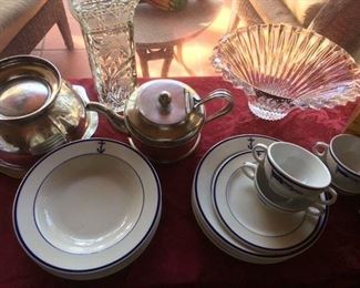 USN silverplate bowl & teapot. Navy Senango china.