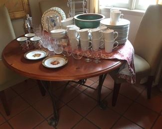 Iron legged, pine top dinette table & 4 high-back chairs