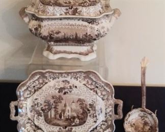 Sun Room:   Brown transferware is very collectible!  The large tureen and ladle are priced as a set; the  under-plate is separately priced.  (Each piece has had a repair.)   