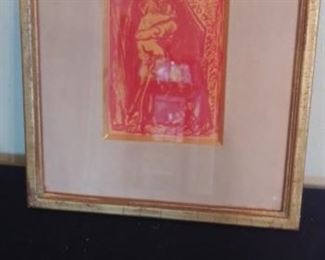 Sun Room:   A signed wood rubbing by Italian artist Jon Corbino has a  wide cream color mat and gold frame which measures 11"  x  12-1/2".