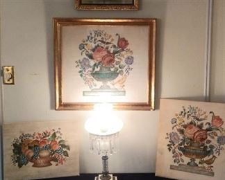 Dining Room:  Theorem stencils!   Vintage stencils on painted velvet began in England at the turn of the 18th century and remain quite collectible today.  You can purchase two framed and two unframed [although each is separately priced].   The vintage etched/frosted glass lamp with prisms has a double stacked square marble base (it matches a candelabra in the entry way).