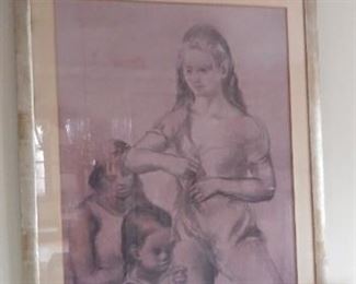 Dining Room:  This large sensitive charcoal drawing on paper on paper board is by listed artist Jon Corbino.  It  is titled "Three Girls" and depicts ballerinas getting ready for a dance.   A second Jon Corbino drawing is on the back side (see next photo).  The tarnished silver leaf wood frame with paper mat measures 32"  x  48".   
CORBINO (1905-1964) is a highly
acclaimed listed Italian artist.  In addition to drawings and portraits, he also revealed the anxieties of America during the 1930's.  He is best known for his paintings of circus scenes (one of which is available at the sale).   
