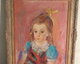 Living Room:  This painting by Jon Corbino is a portrait of a young girl with a yellow bow in her hair.  It measures 21"  x  25," including the frame.  CORBINO (1905-1964) is a highly acclaimed listed Italian artist.  In addition to portraits, he also revealed the anxieties of America during the 1930's.  He is best known for his paintings of circus scenes.  
