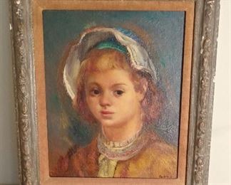 Living Room:  This portrait is by artist Jon Corbino and measures 19-l/2"  x  23", including the frame.   CORBINO (1905-1964) is a highly
acclaimed listed Italian artist.  In addition to portraits, he also revealed the anxieties of America during the 1930's.  He is best known for his paintings of circus scenes.   
