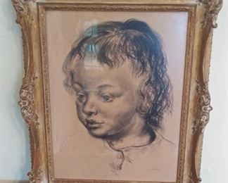 Living Room:  A framed drawing ("Child's Head") by  artist Jon Corbino measures 15"  x  18".   CORBINO (1905-1964) is a highly acclaimed listed Italian artist.  In addition to portraits, he also revealed the anxieties of America during the 1930's.  He is best known for his paintings of circus scenes (one of which is available at the sale).   
