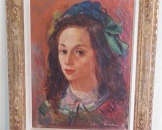 Living Room:  This portrait on a young woman with a blue/green hat is also by Jon Corbino. It measures 20"  x 24", including the frame.  CORBINO (1905-1964) is a highly acclaimed listed Italian artist.  In addition to portraits, he also revealed the anxieties of America during the 1930's.  He is best known for his paintings of circus scenes (one of which is available at the sale).   