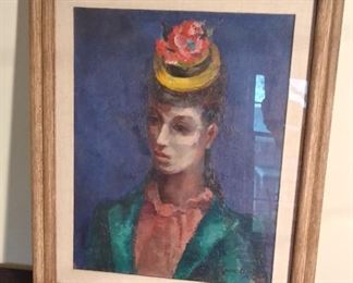 Entryway:  This oil painting of a pensive woman is under glass with a linen mat.  It is by listed American artist Grace Barron (1899-1987).  It measures 21-1/4"  x  25-1/2", including the frame.