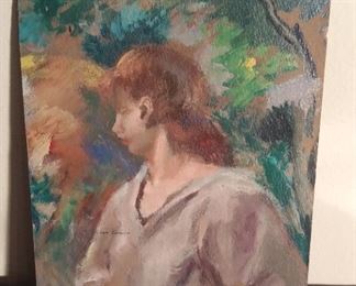 Sun Room:  A signed, unframed 8"  x 10"  painting on board by listed Italian artist Jon Corboni rests on an easel.