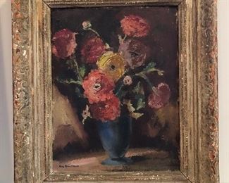Entryway:  The vintage floral still life is signed by listed artist Ann Brockman and measures 16" x 20", including the frame.  Brockman (1899-1943) was an American painter born in California and mostly known for landscapes and animals.