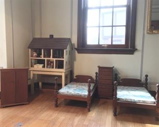 Living Room:  More vintage doll furniture [also made in Boston in the 1940's]:  wardrobe; doll house with some accessories; two beds with mattresses; and a chest-on-chest. 