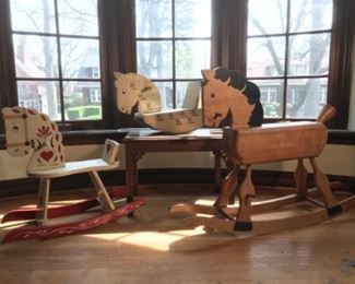 Living Room:  A herd of vintage folk art rocking horses [also made in Boston] is grazing near the front window.  This collection is  a great addition for farmhouse or cottage decor.  Each is separately priced.  Giddy-up!