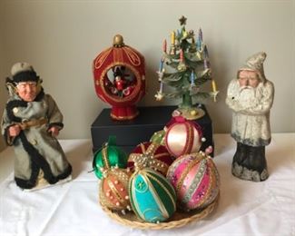 Sun Room:   The vintage ceramic tree on the right was made in Italy; each candle and decoration is indeed ceramic.  The 11" antique SANTA on the right is made of paper mache, while the vintage man on the left is paper mache and cloth.  The large red ornament and smaller ornaments are all vintage.