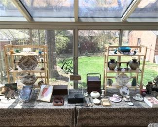 Sun Room:   This is an overview of the displays with transferware, pressed glass, LENOX, porcelain and more.  Closer photos follow.