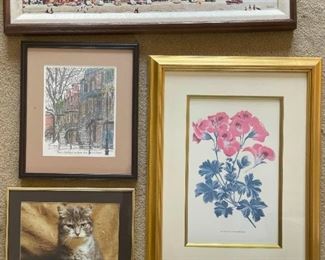Lot Of 3 Framed Art Prints Kitten, Flowers And Small Town Scene