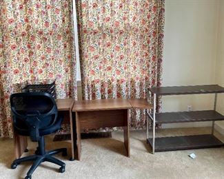 Two Small Desks, an Office Chair, and Metal Rack