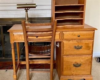 Vintage Desk w Ladderback Chair, Wooden Small Open File Shelves And Light