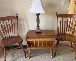Vintage Side Table w Magazine Rack  Two Solid Maple Cattail Back Dining Side Chair