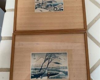 Item #76   $150/pair    Katsushika Hokasai (Japan 1760-1849) A pair of woodblock prints, unsigned with Hokusai in pencil on mats, closeup photos follow