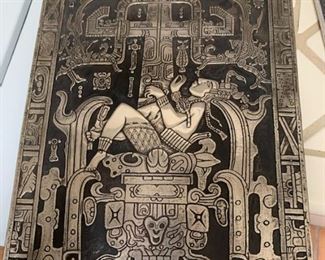 Item #48   $150   Chiapas Mexico Palanque temple relief, silverplate on wood panel, 22" x 13"