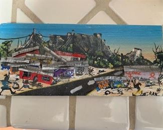 Item # 49   $25  Vintage mixed media (tin and acrylic) Mexican folk art,  4 1/4" x 9 3/4"