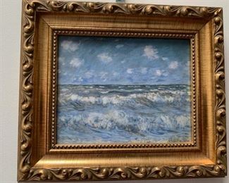 Item # 45     $45     Small vintage Monet print on enamel(?) in gilt frame 6 1/2" x 7 1/2"
