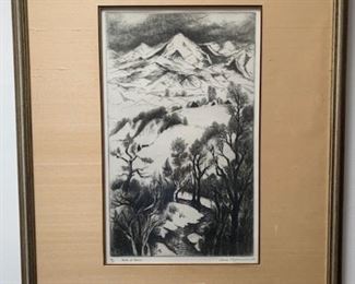 Item #37   $800   Gene Kloss  (American 1903-1996)  1968 etching 'Peaks of Paonia', 46/75, 26 1/4" x 20" framed