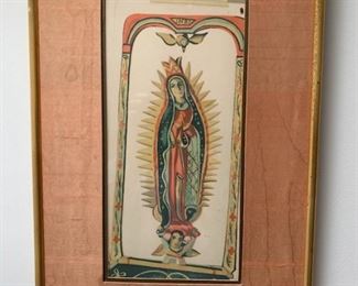 Item # 33   $135   Louie Ewing (New Mexico 1908-1983  Serigraph 'The Virgin of Guadalupe: A Santo', pencil signed but image has shifted in mat/frame, mat and frame in poor condition, 20" x 13" framed