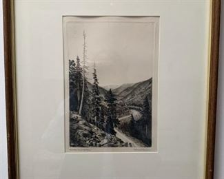 Item # 21   $200   Howard Willis Brown (American 1905-1975)  etching 4/100  'The Road to Taos'  18 3/4" x 14 3/4" framed