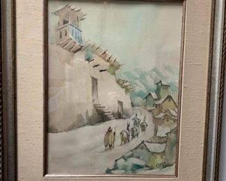 Item # 22   $145   Peruvian watercolor of Chinchero, Peru, 18 1/4" x 15 1/4" framed