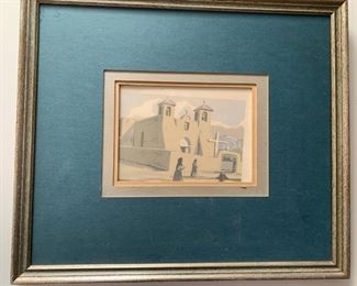 Item #17  $135    Louie Ewing (New Mexico 1908-1983)  Serigraph 'Ranchos de Taos, NM', pencil signed but image has shifted within mat/frame, 14 1/2" x 16 3/4" framed