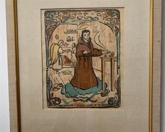 Item #13    $225   Louie Ewing (New Mexico 1908-1983)  Serigraph 'San Pasqual, Patron Saint of Cooking', pencil signed, no edition noted, 17 1/2" x 14 3/4"