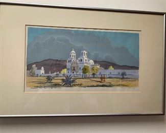 Item # 14   $225   Louie Ewing (New Mexico 1908-1983) Serigraph 'Mission San Xavier del Bac', pencil signed 195/250, 14" x 22" framed