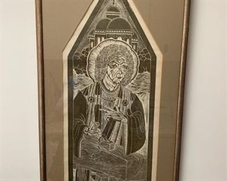 Item #4   $45    Frederick Fronnen  'St Peter', 1974 woodblock print, pencil signed, 30 1/2" x 15" framed