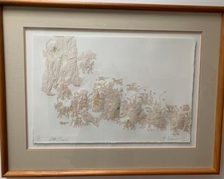 Item # 7   $250    Ed Morgan  (American 1943-2014)  Embossed engraving with watercolor and gold leaf 'Little People', 1985, 11/50, 25" x 32 1/2" framed