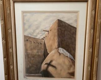 Item # 3   $225   Julia Oros Williamson, PSA    Pastel 'Christmas Day - St Francis of Assisi Mission Church, Rancho de Taos NM',  some minor pastel loss, 36" x 30 1/2" framed