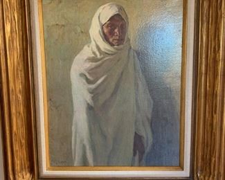 Item #1   $650    Joseph Henry Sharp  'Hunting Son'  High quality limited edition oil on canvas print by Mr and Mrs William W. McAdoo, ca 1970,  from the original painting in their collection 29 1/2" x 25 1/2"
